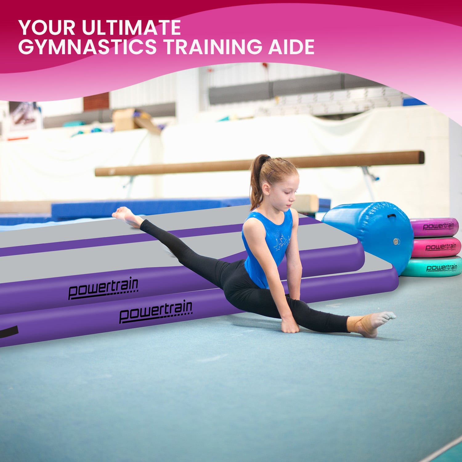 Powertrain Airtrack 20cm Thick 4m x 1m Inflatable Gymnastics Tumbling Mat Air Track - Purple