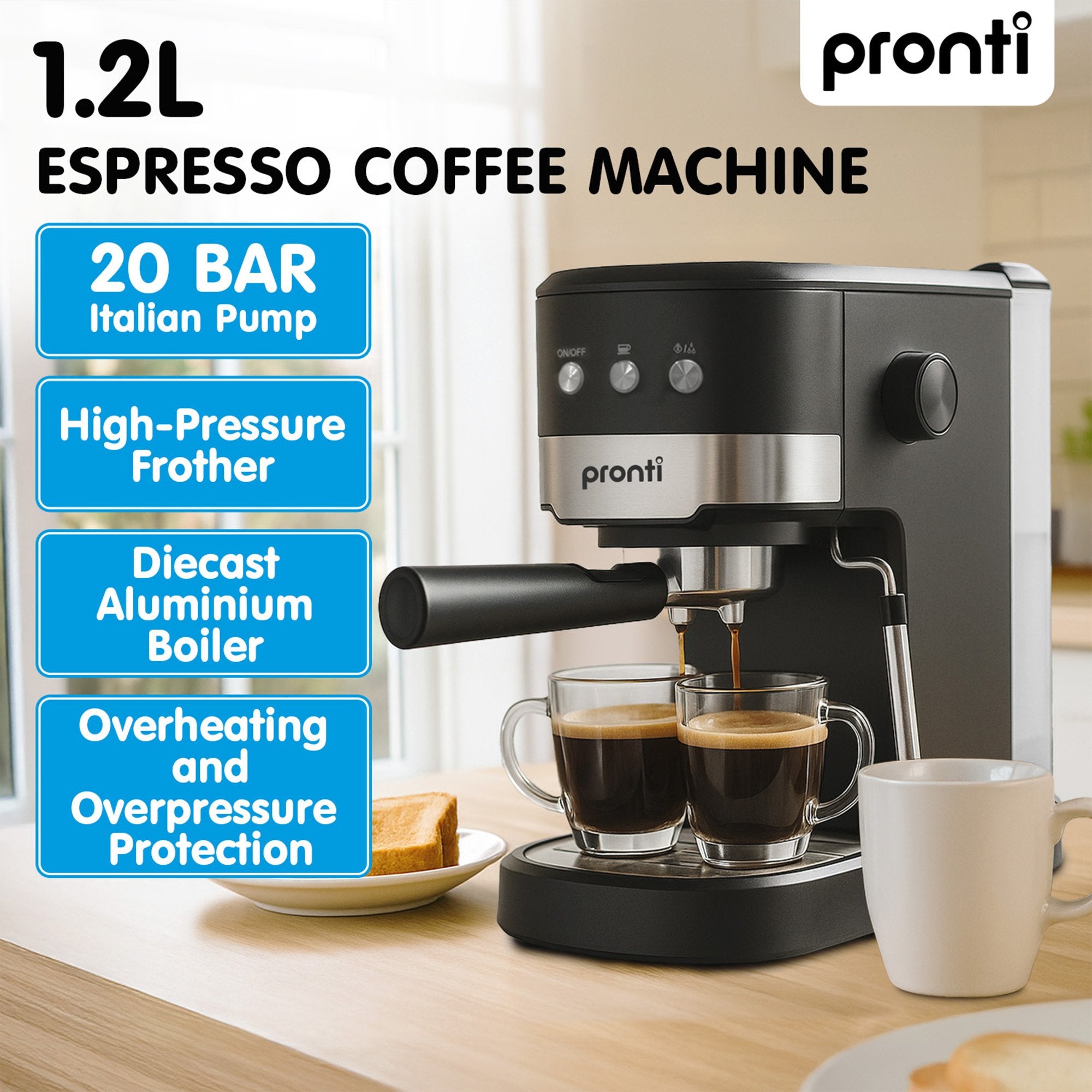 Pronti Breakfast Set with Rose Gold Kettle & Toaster with 1.2L Espresso Machine - Black