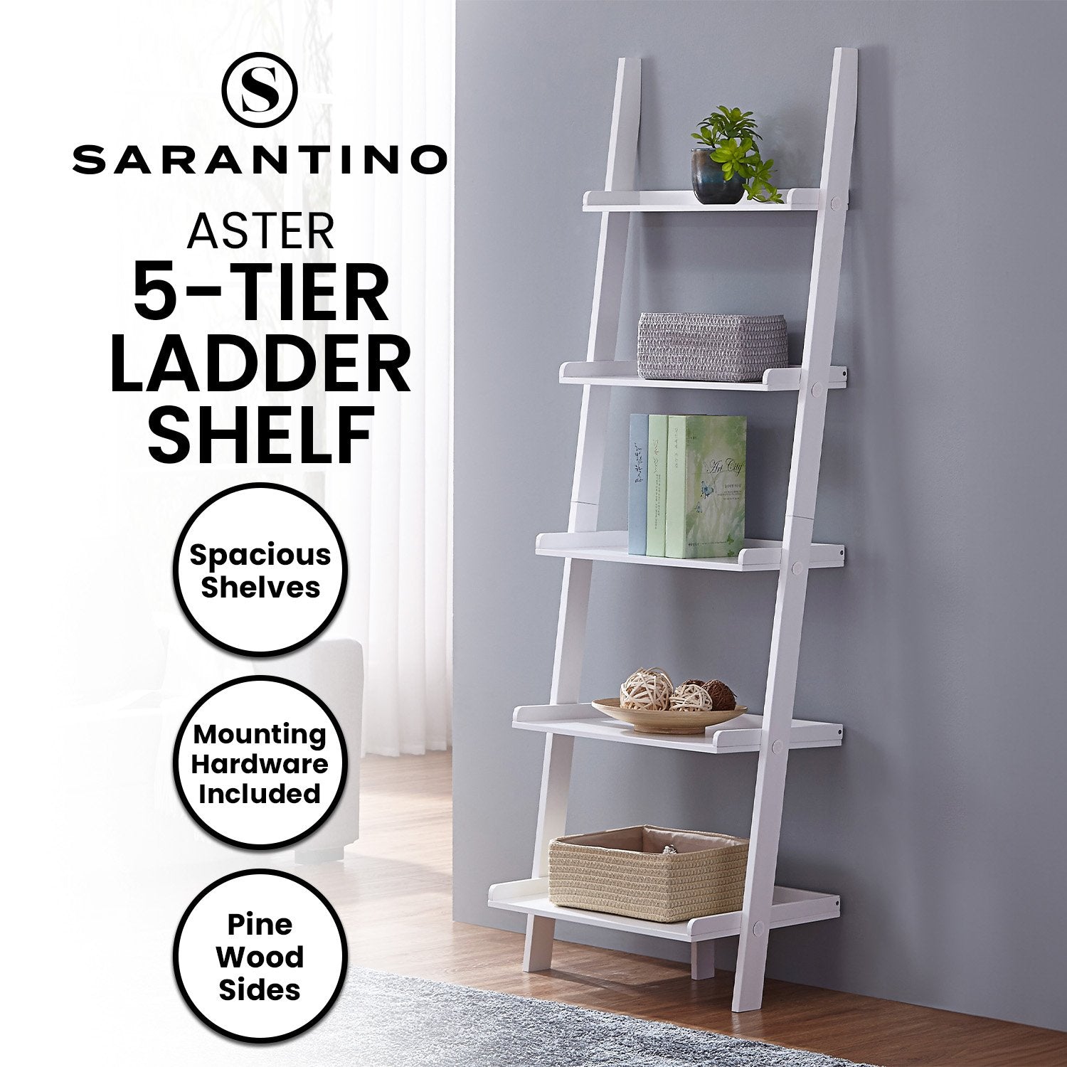 Bookcases & Shelves: Sarantino Aster 5-Tier Ladder Shelf in White