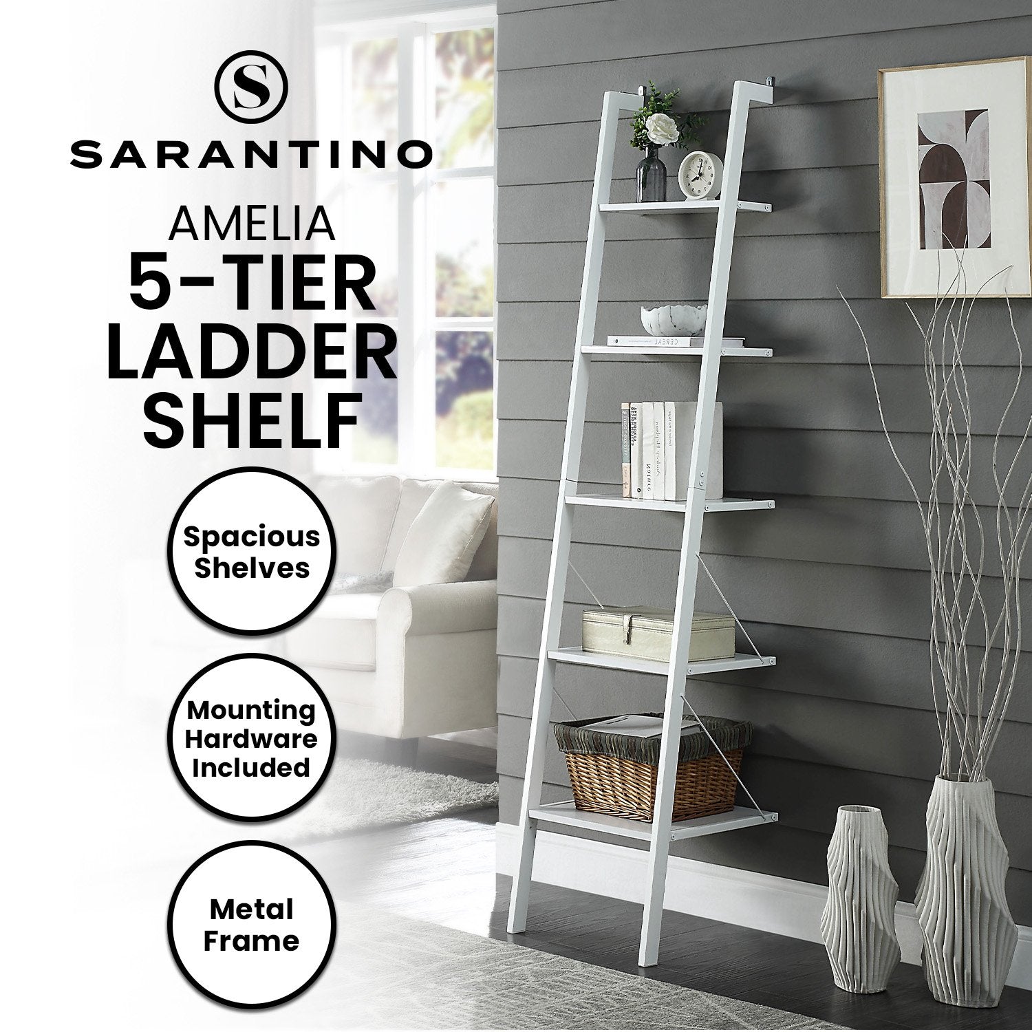 Bookcases & Shelves: Sarantino Amelia 5-Tier Ladder Shelf in White
