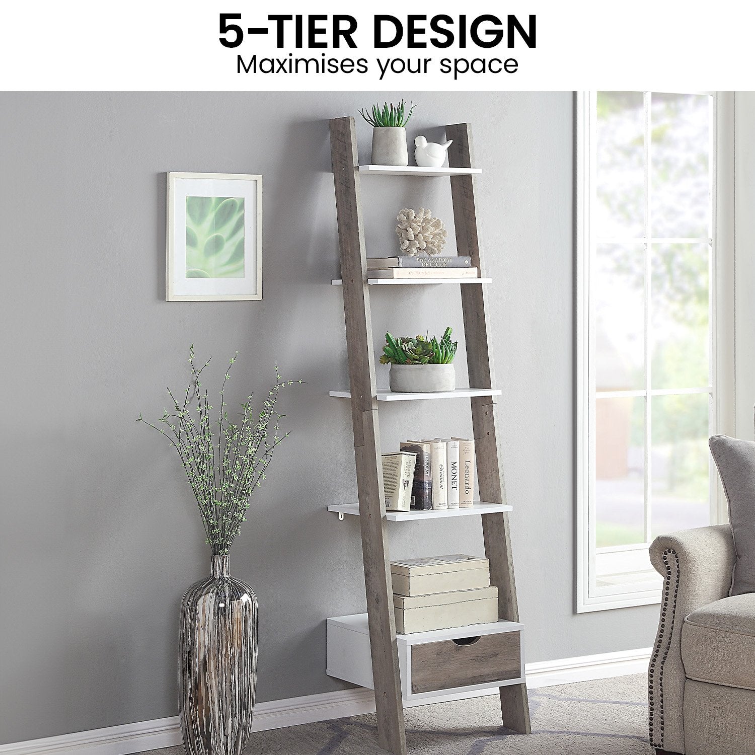 Bookcases & Shelves: Sarantino Mira 5-tier Ladder Shelf In White And Grey Oak