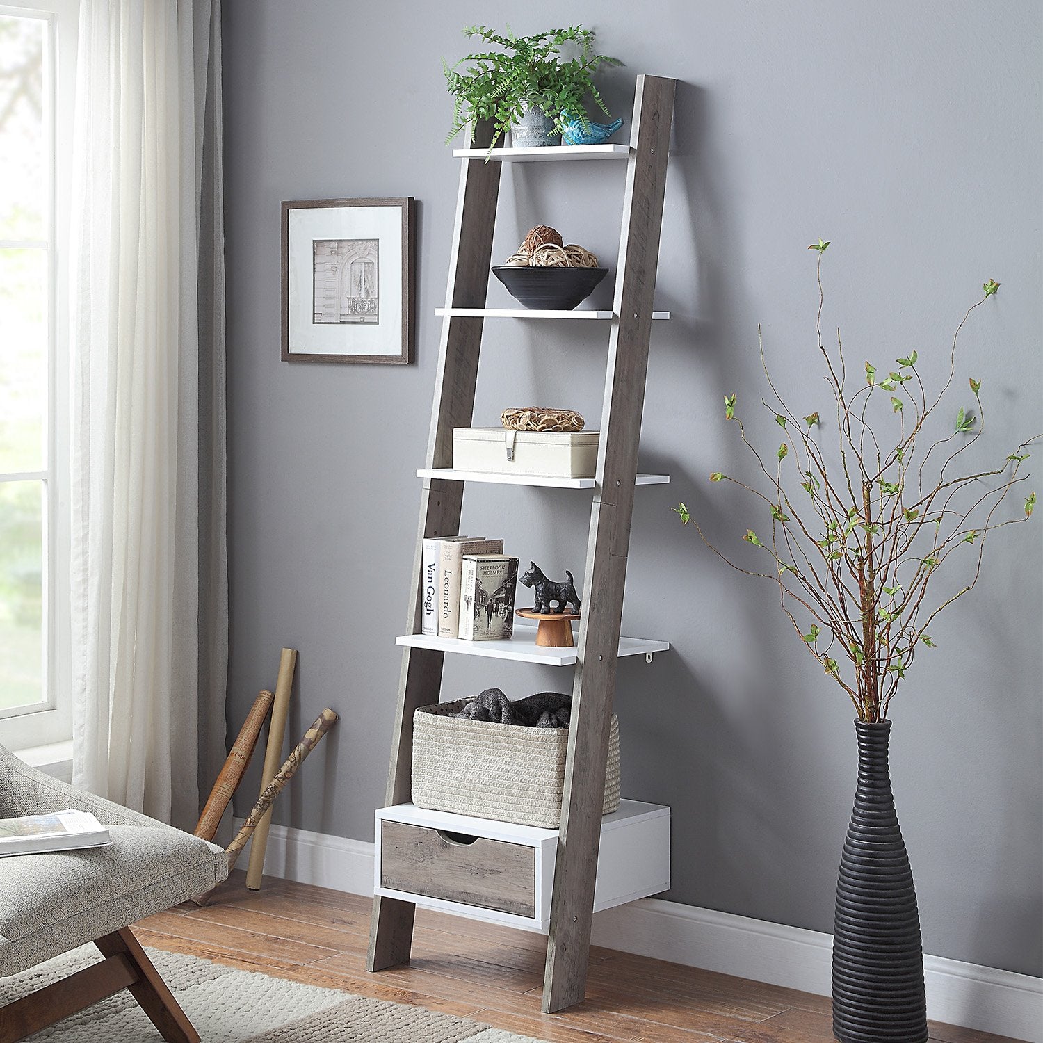 Bookcases & Shelves: Sarantino Mira 5-tier Ladder Shelf In White And Grey Oak