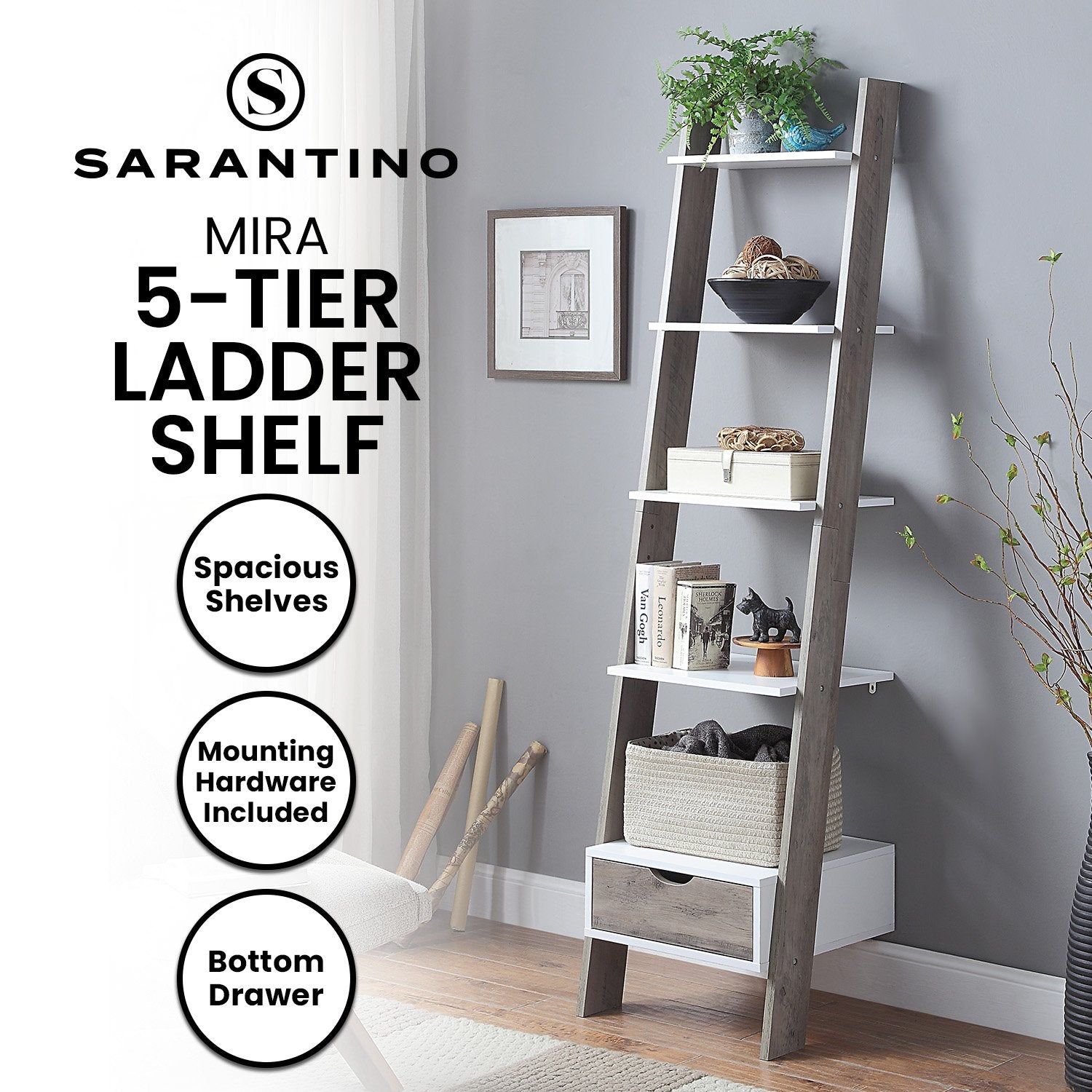 Bookcases & Shelves: Sarantino Mira 5-tier Ladder Shelf In White And Grey Oak