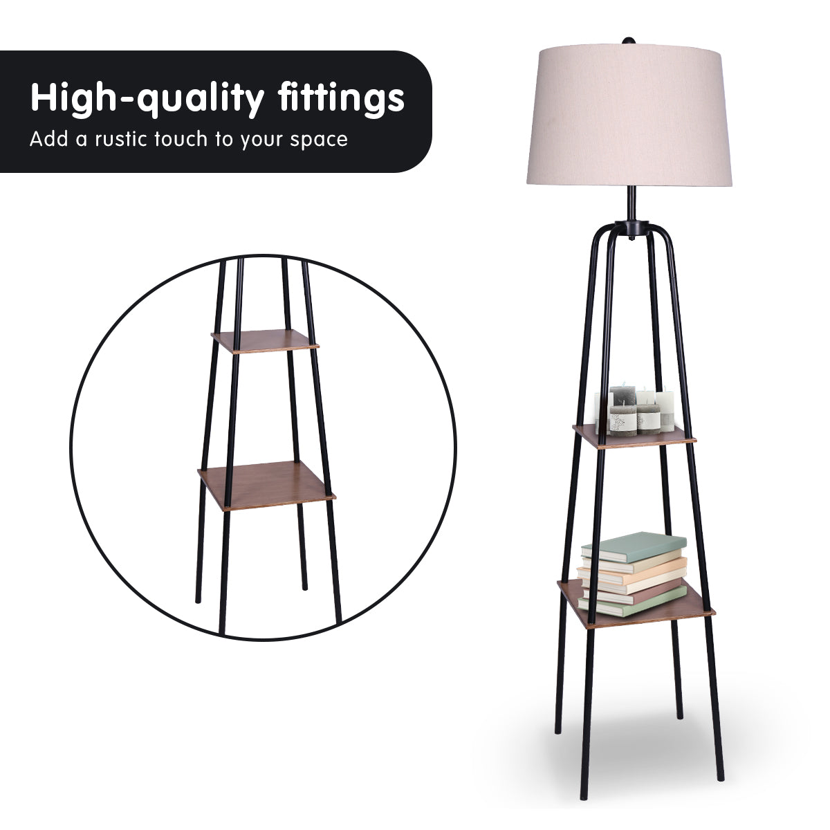 Night Lights & Ambient Lighting: Sarantino Metal Etagere Floor Lamp Shade Metal Shelf in Wood Finish