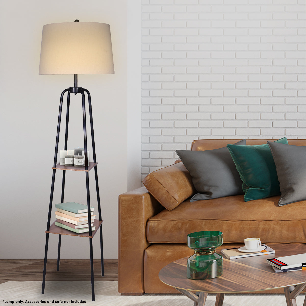 Night Lights & Ambient Lighting: Sarantino Metal Etagere Floor Lamp Shade Metal Shelf in Wood Finish