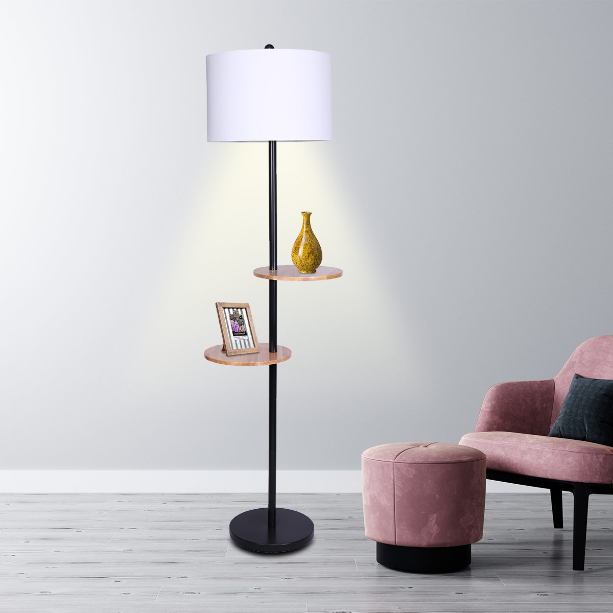 Umbrellas & Sunshades: Sarantino Metal Floor Lamp Shade with Black Post in Round Wood Shelves