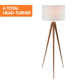 Arm Chairs & Recliners: Sarantino Metal Tripod Floor Spot Lamp Shade Drum in Wooden Finish