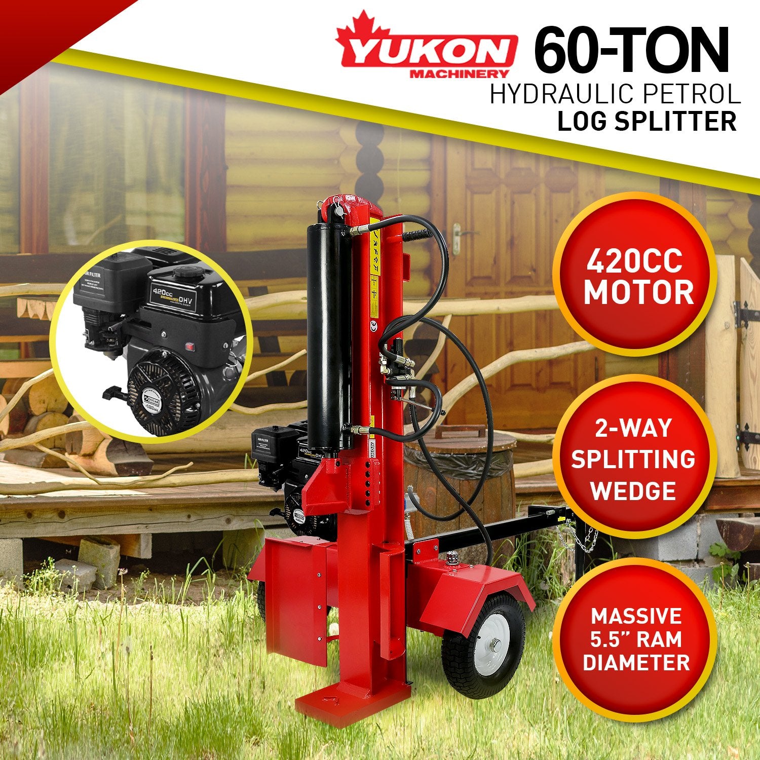 Outdoor Power Equipment: Yukon 60 Ton 420cc Hydraulic Log Splitter Petrol Engine Wood Firewood Cutter