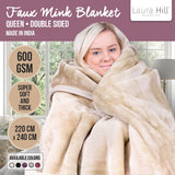 Blankets & Throws: Laura Hill Mink Blanket Double Sided 600GSM Queen Size Beige