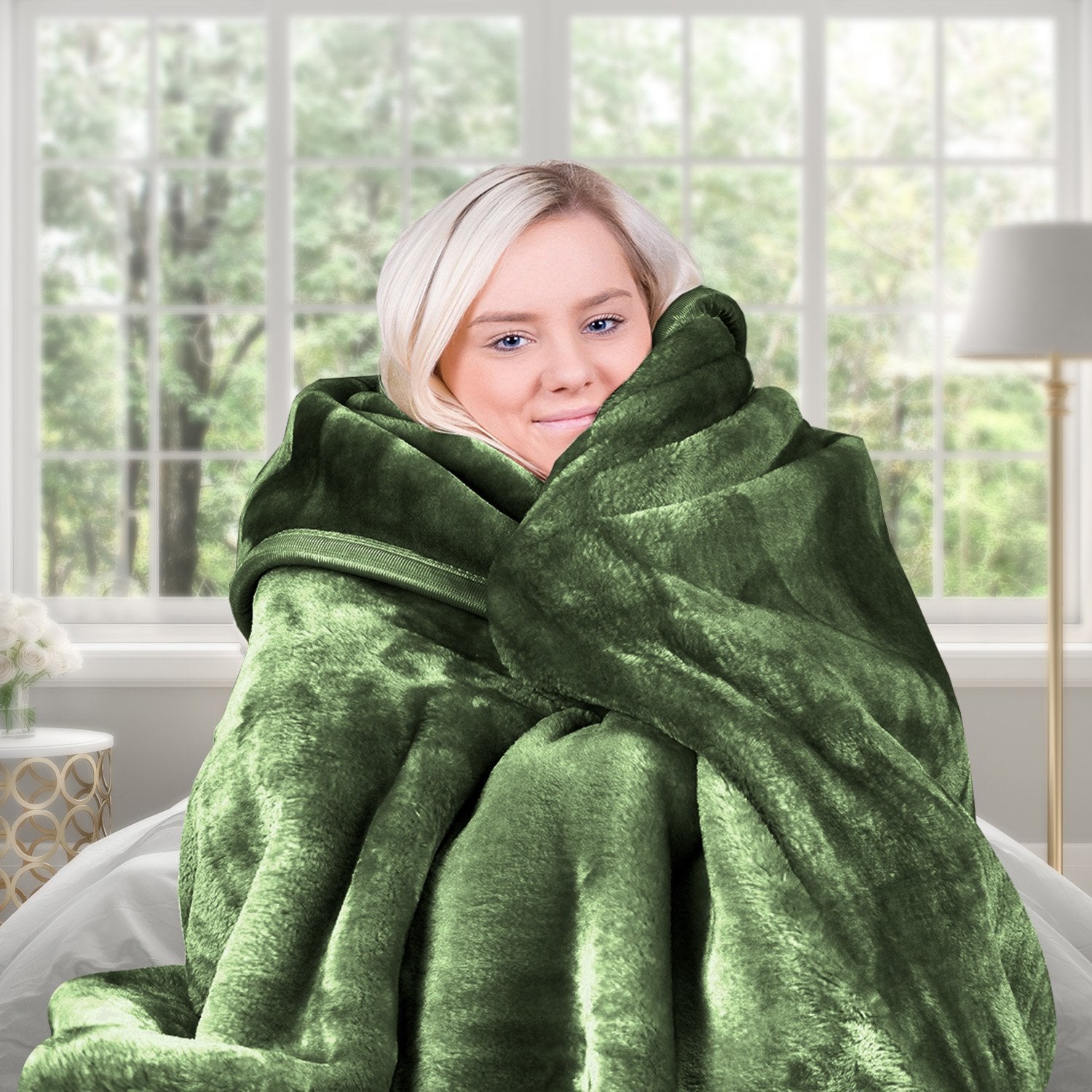 Blankets & Throws: Laura Hill 600gsm Faux Mink Blanket Queen Size Double-sided Throw Rug Large Super Luxurious Soft - Green