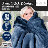 Blankets & Throws: Laura Hill 600gsm Faux Mink Blanket Queen Size Double-sided Throw Rug Large Super Luxurious Soft - Blue