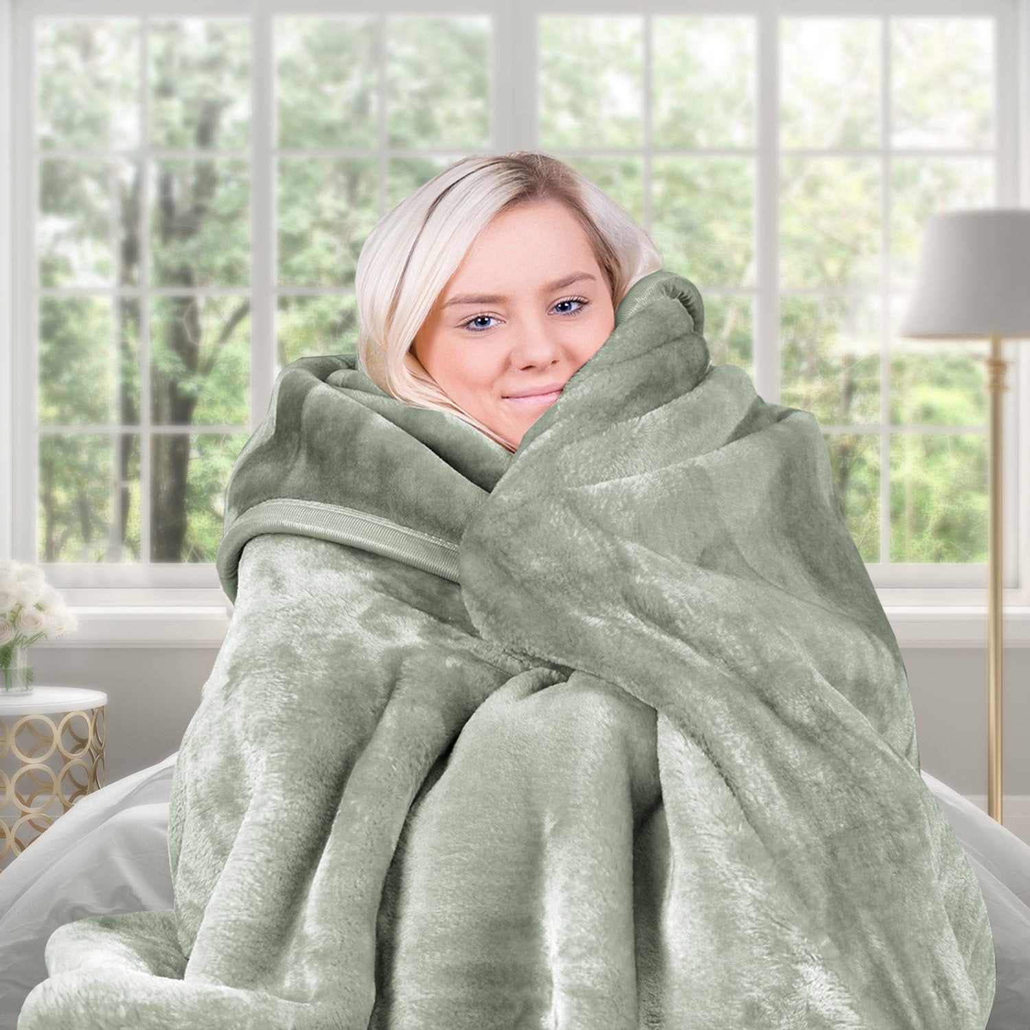 Blankets & Throws: Laura Hill 600-GSM Mink Blanket Queen Size Double-Sided Soft Plush Bed Faux Throw Rug 220 X 240cm Sage