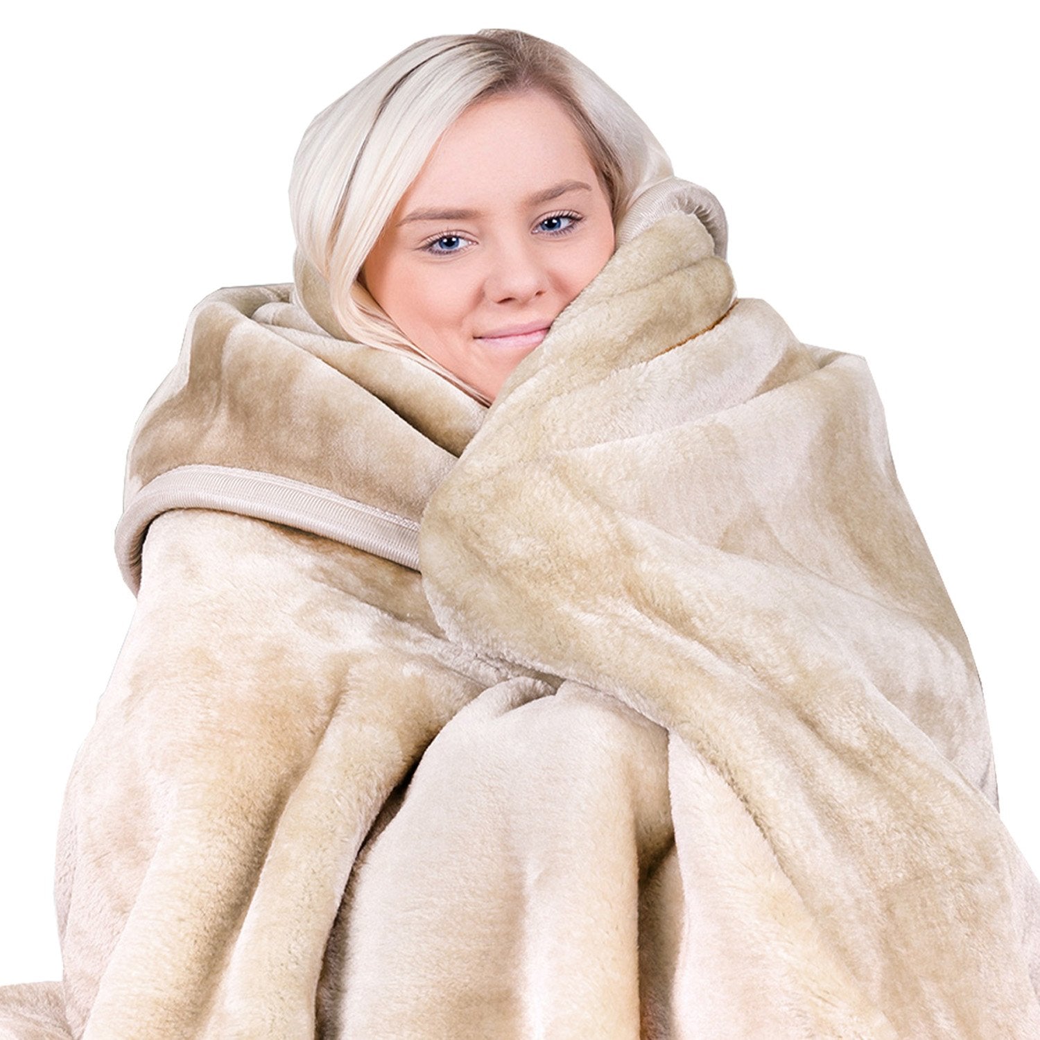 Blankets & Throws: Laura Hill 800-gsm Faux Mink Throw Rug Blanket Queen Size Double-sided Large 220 X 240cm Heavy - Cream