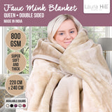 Blankets & Throws: Laura Hill 800-gsm Faux Mink Throw Rug Blanket Queen Size Double-sided Large 220 X 240cm Heavy - Cream