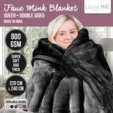 Blankets & Throws: Laura Hill 800-gsm Faux Mink Throw Rug Blanket Queen Size Double-sided Large Super Luxurious Soft Heavy - Black