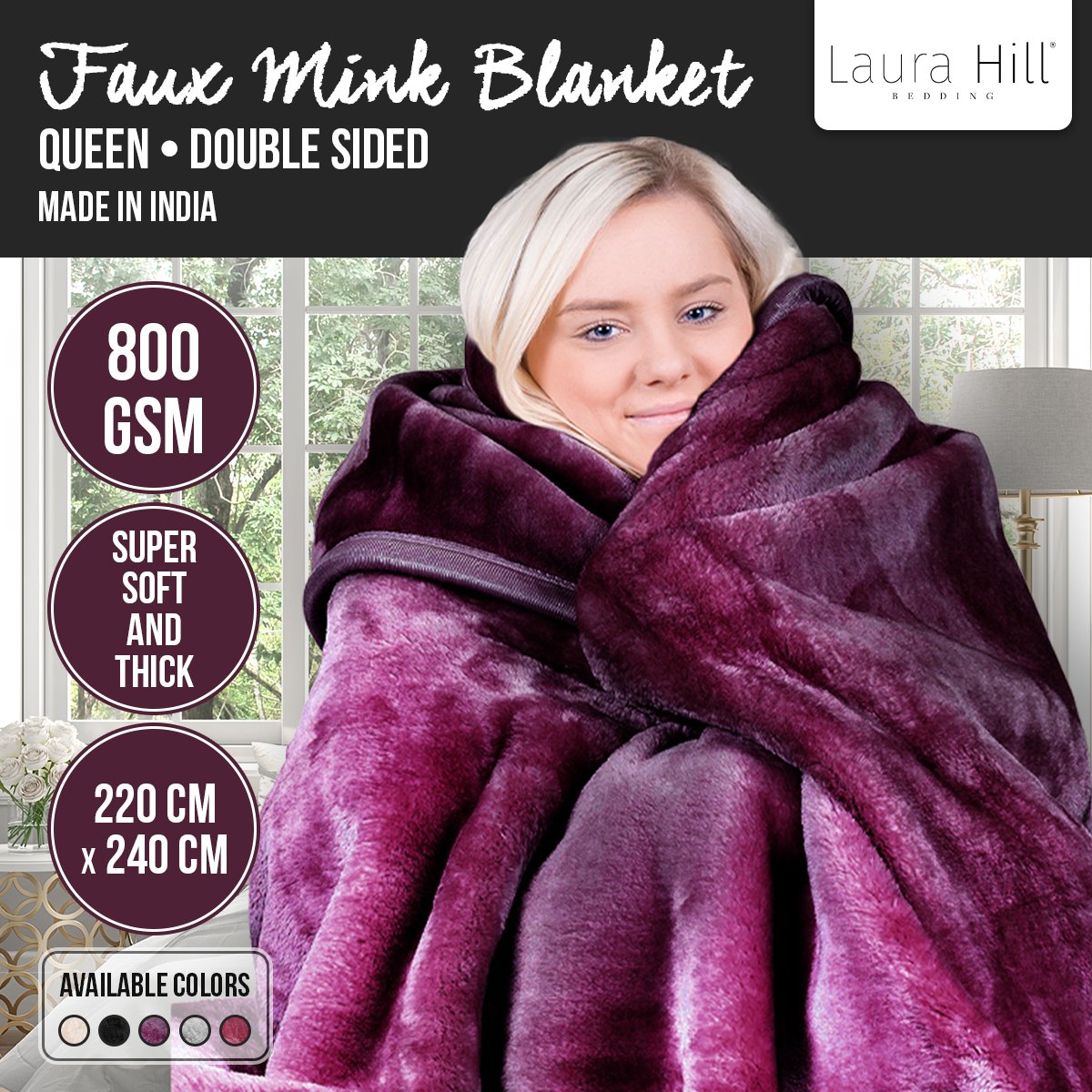 Blankets & Throws: Laura Hill Double-sided Large 220 X 240cm Faux Mink Throw Rug Blanket 800-gsm Heavy - Purple