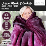 Blankets & Throws: Laura Hill Double-sided Large 220 X 240cm Faux Mink Throw Rug Blanket 800-gsm Heavy - Purple