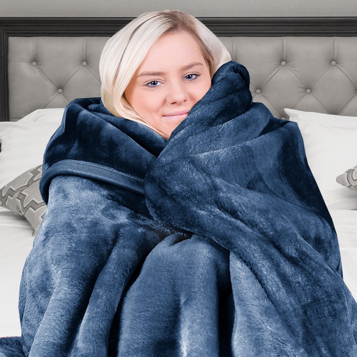 Blankets & Throws: Laura Hill 800-gsm Faux Mink Throw Rug Blanket Queen Size Double-sided Large 220 X 240cm Heavy - Blue