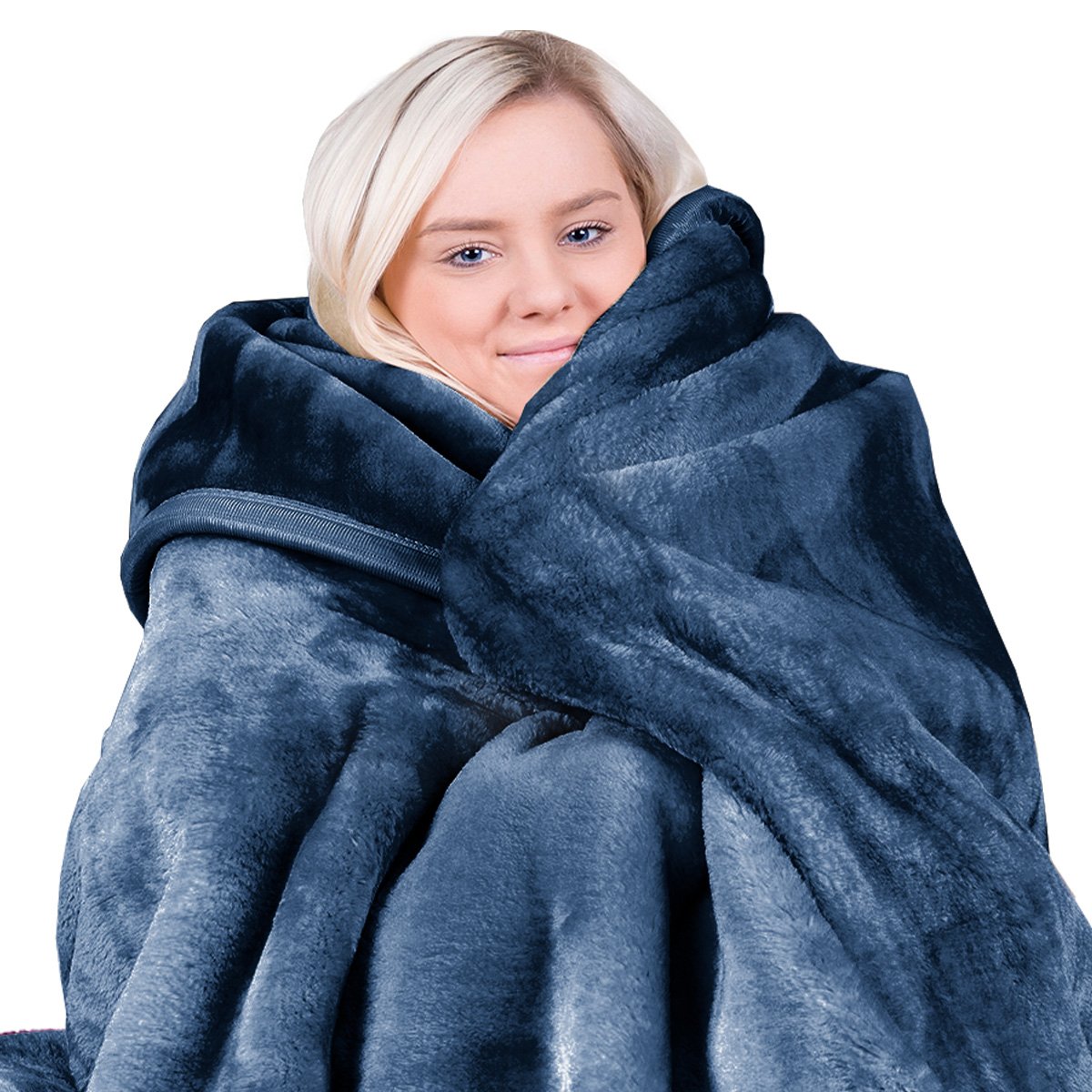 Blankets & Throws: Laura Hill 800-gsm Faux Mink Throw Rug Blanket Queen Size Double-sided Large 220 X 240cm Heavy - Blue