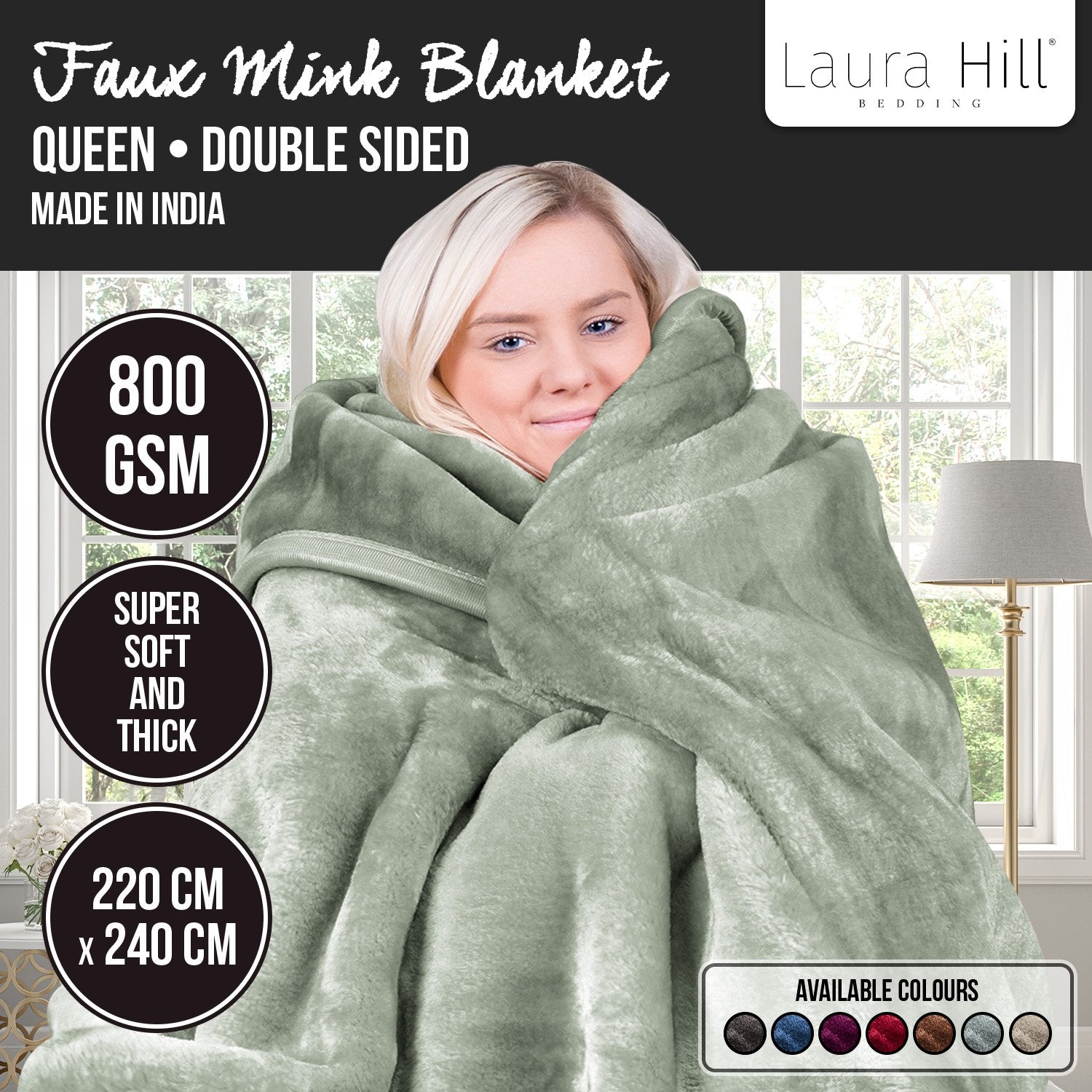 Blankets & Throws: Laura Hill 800-GSM Mink Blanket Queen Size Double-Sided Soft Plush Bed Faux Throw Rug 220 X 240cm Heavy Sage