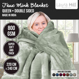 Blankets & Throws: Laura Hill 800-GSM Mink Blanket Queen Size Double-Sided Soft Plush Bed Faux Throw Rug 220 X 240cm Heavy Sage