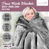 Blankets & Throws: Laura Hill Double-sided Large 220 X 240cm Faux Mink Throw Rug Blanket 800-gsm Heavy - Silver