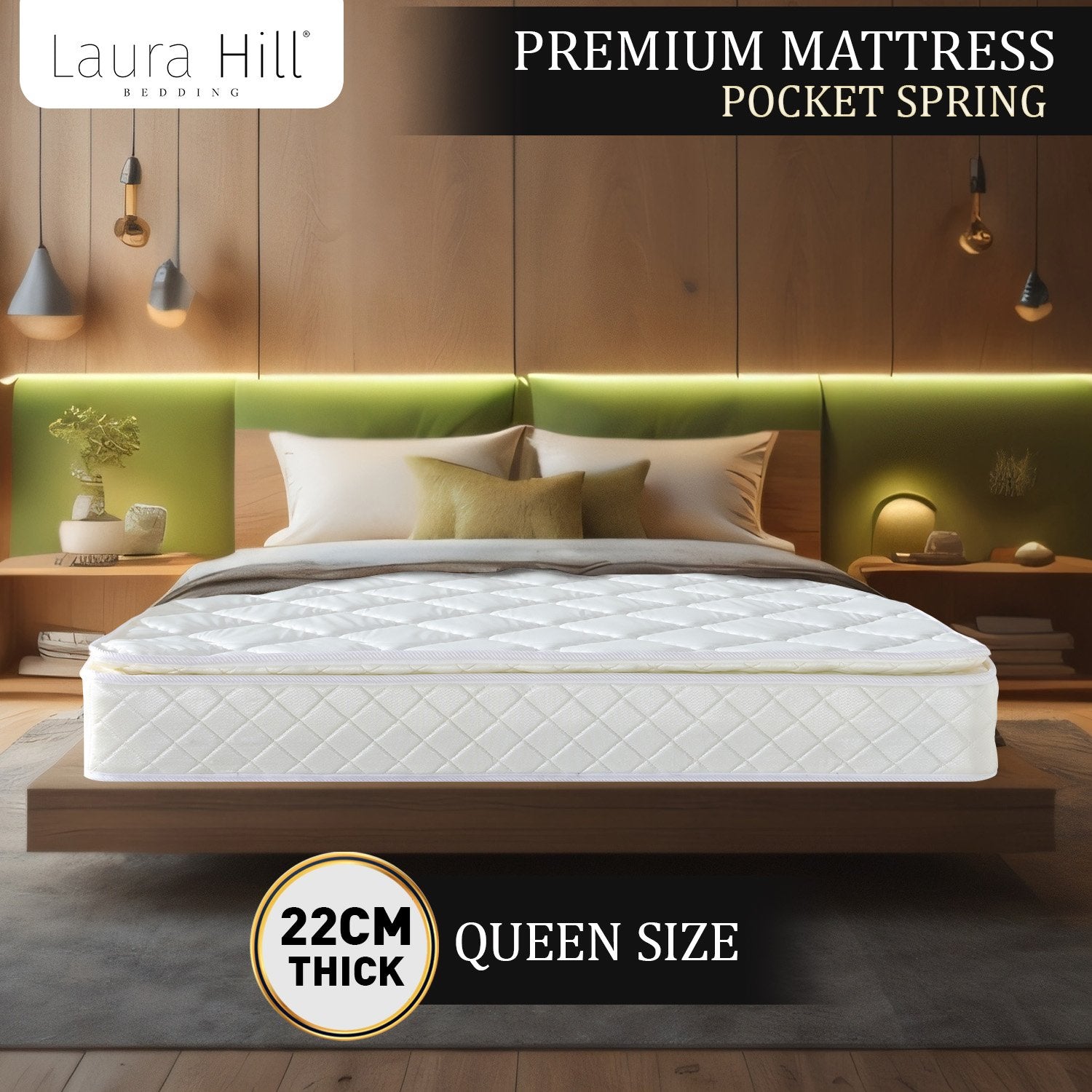 Mattress Toppers: Laura Hill Mattress Queen Size Pillow Top Pocket Spring High Density Foam 22cm