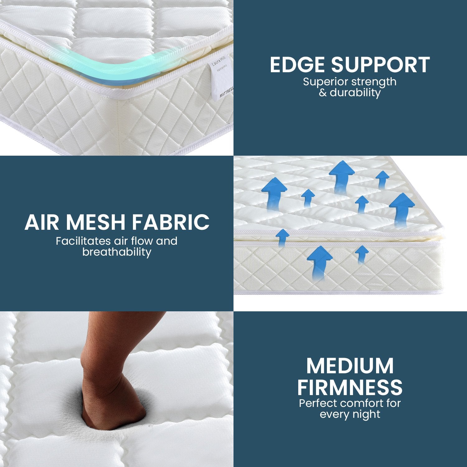 Mattress Toppers: Laura Hill Mattress Queen Size Pillow Top Pocket Spring High Density Foam 22cm