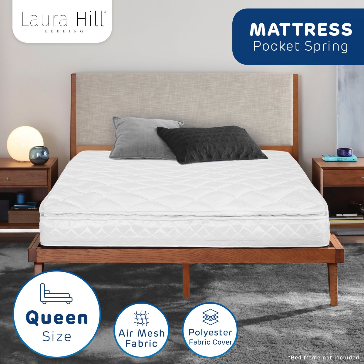 Mattress Toppers: Laura Hill Mattress Queen Size Pillow Top Pocket Spring High Density Foam 22cm