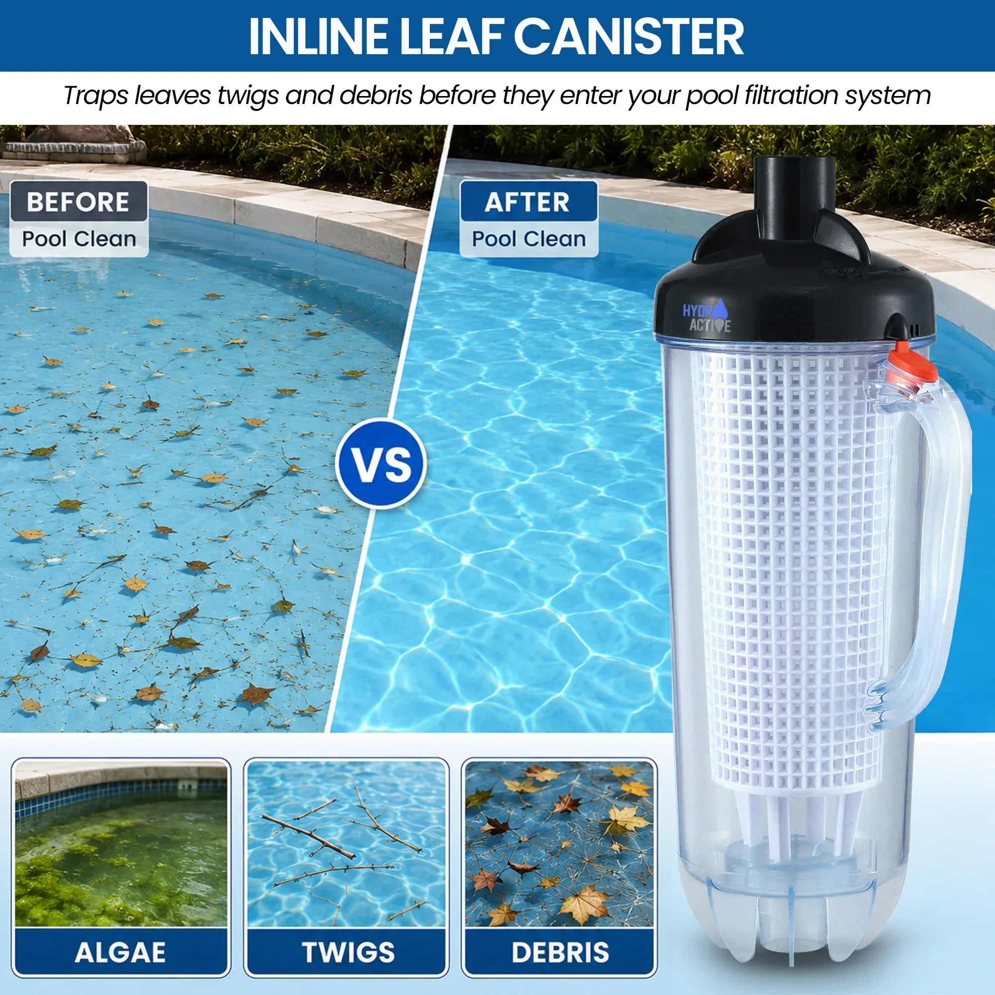 HydroActive Pool Leaf Canister Inline Debris Catcher for Suction Pool Cleaners