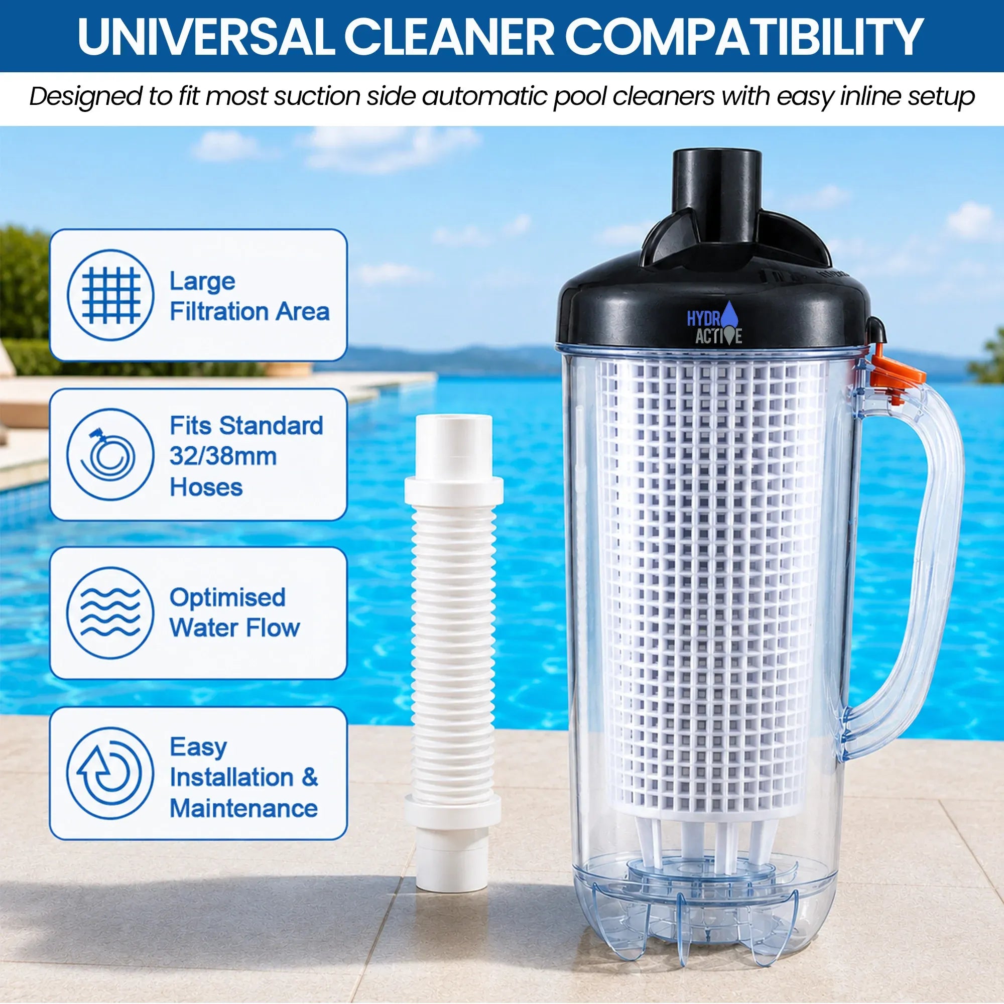HydroActive Pool Leaf Canister Inline Debris Catcher for Suction Pool Cleaners