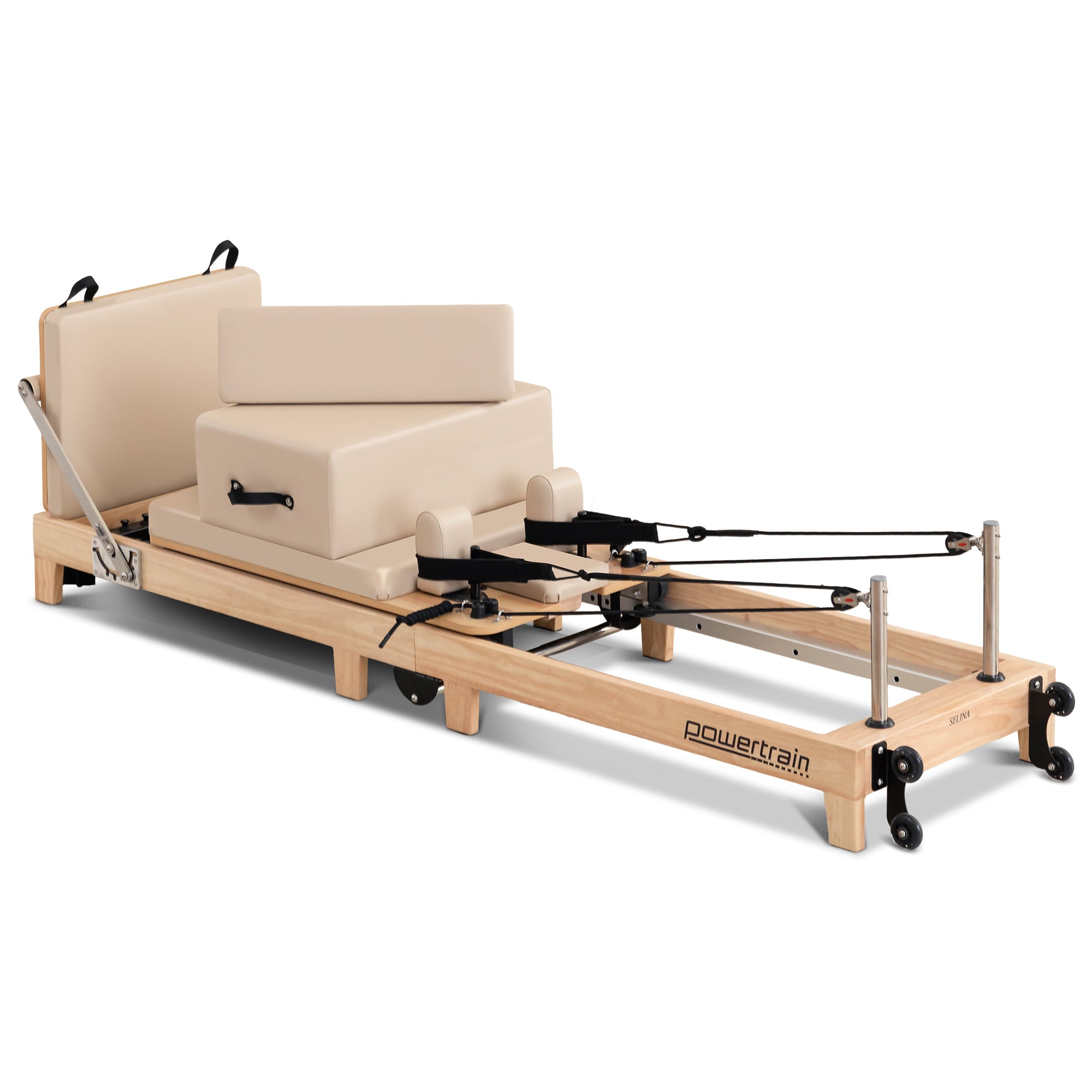 Yoga & Pilates: Powertrain Selina Pilates Reformer Machine Wooden Folding Multifunctional Home Gym Equipment with Jumpboard & Sitting Box Oak Beige