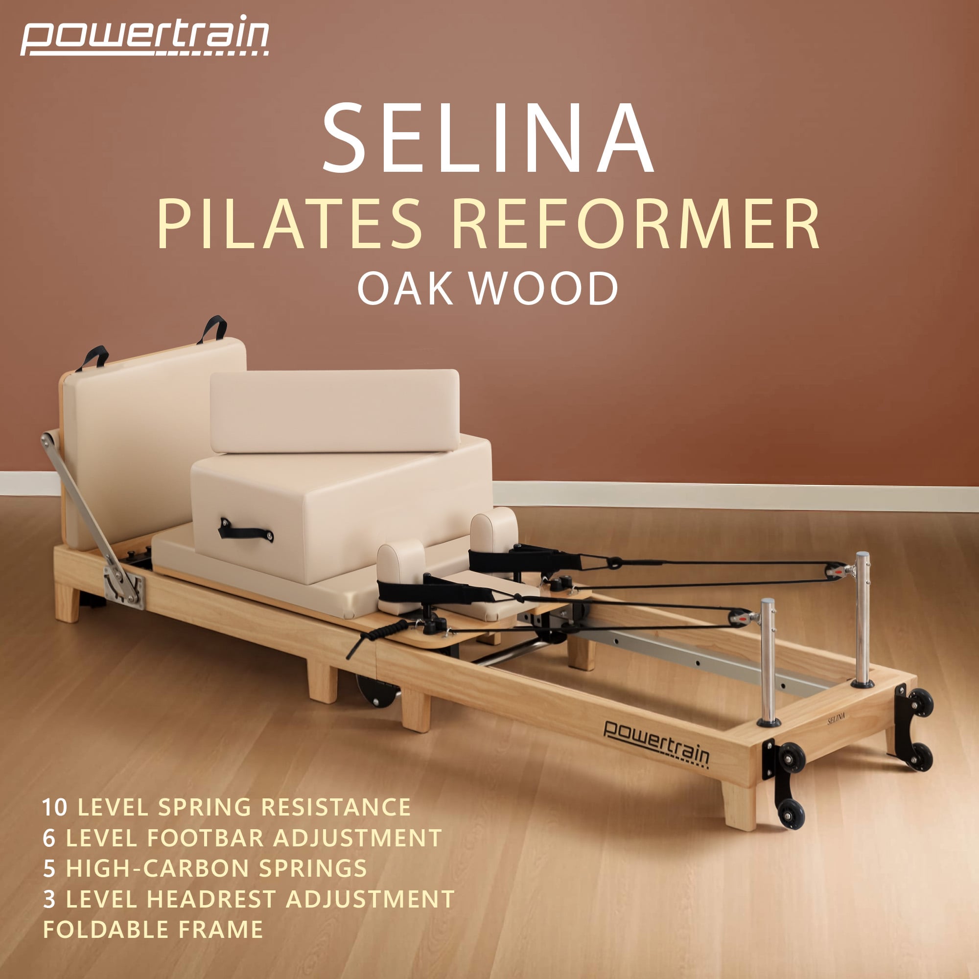 Yoga & Pilates: Powertrain Selina Pilates Reformer Machine Wooden Folding Multifunctional Home Gym Equipment with Jumpboard & Sitting Box Oak Beige