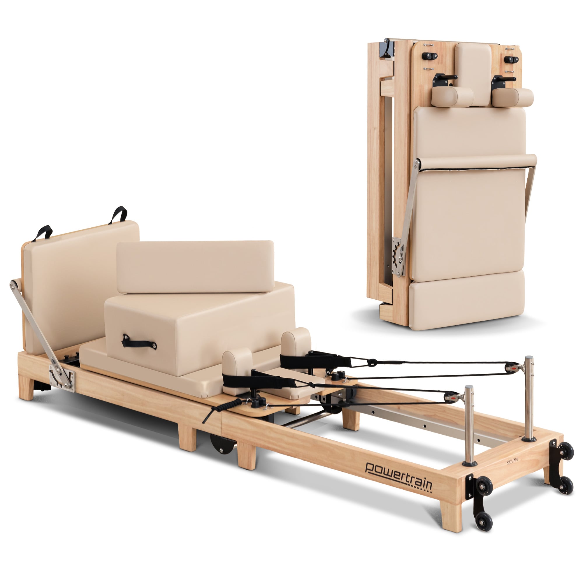 Yoga & Pilates: Powertrain Selina Pilates Reformer Machine Wooden Folding Multifunctional Home Gym Equipment with Jumpboard & Sitting Box Oak Beige