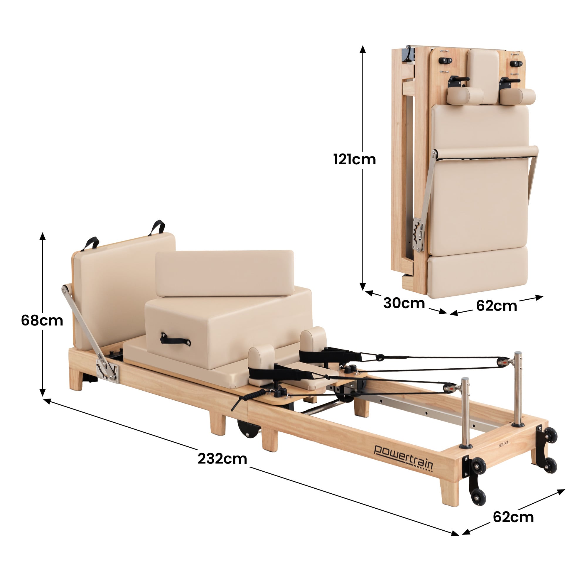 Yoga & Pilates: Powertrain Selina Pilates Reformer Machine Wooden Folding Multifunctional Home Gym Equipment with Jumpboard & Sitting Box Oak Beige