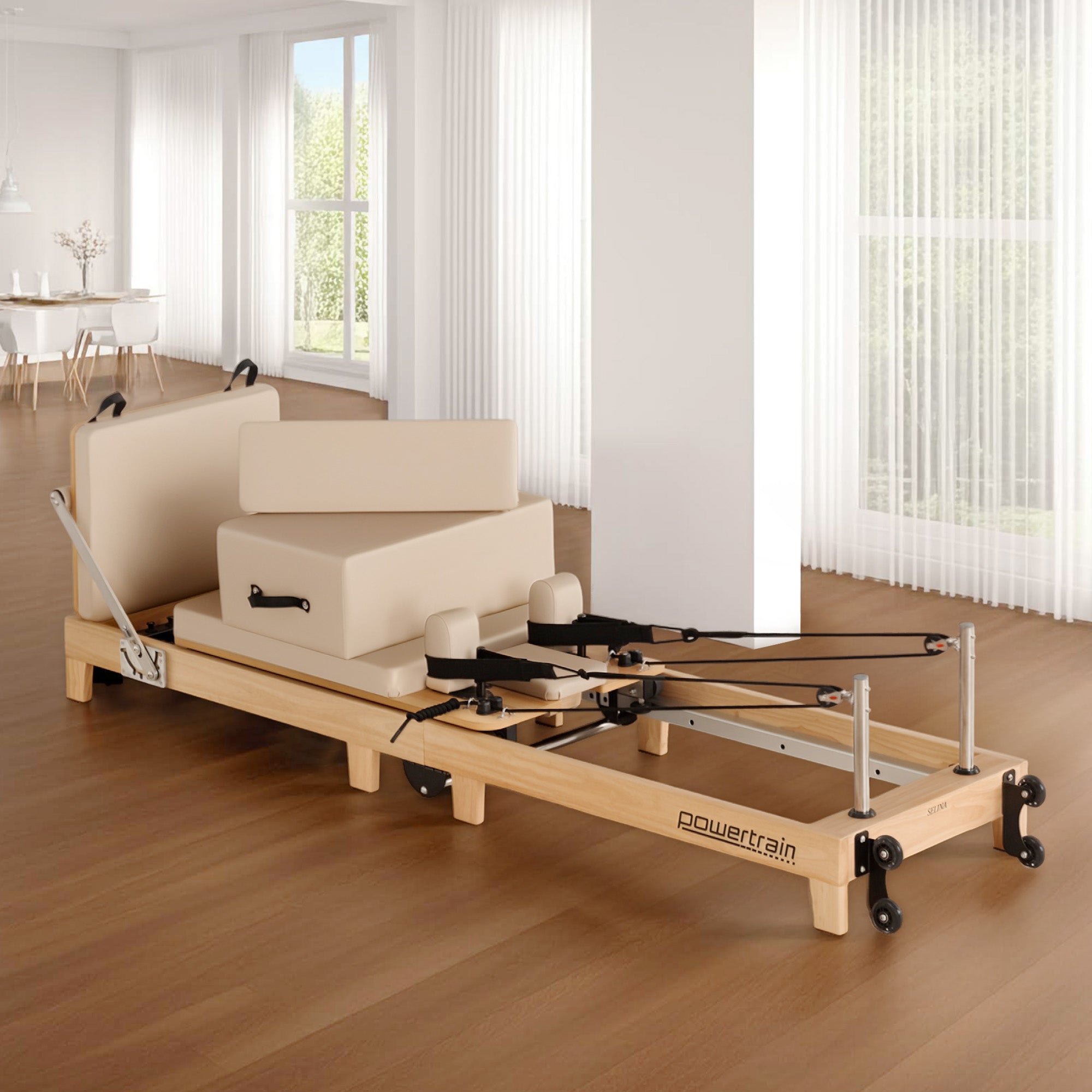 Yoga & Pilates: Powertrain Selina Pilates Reformer Machine Wooden Folding Multifunctional Home Gym Equipment with Jumpboard & Sitting Box Oak Beige
