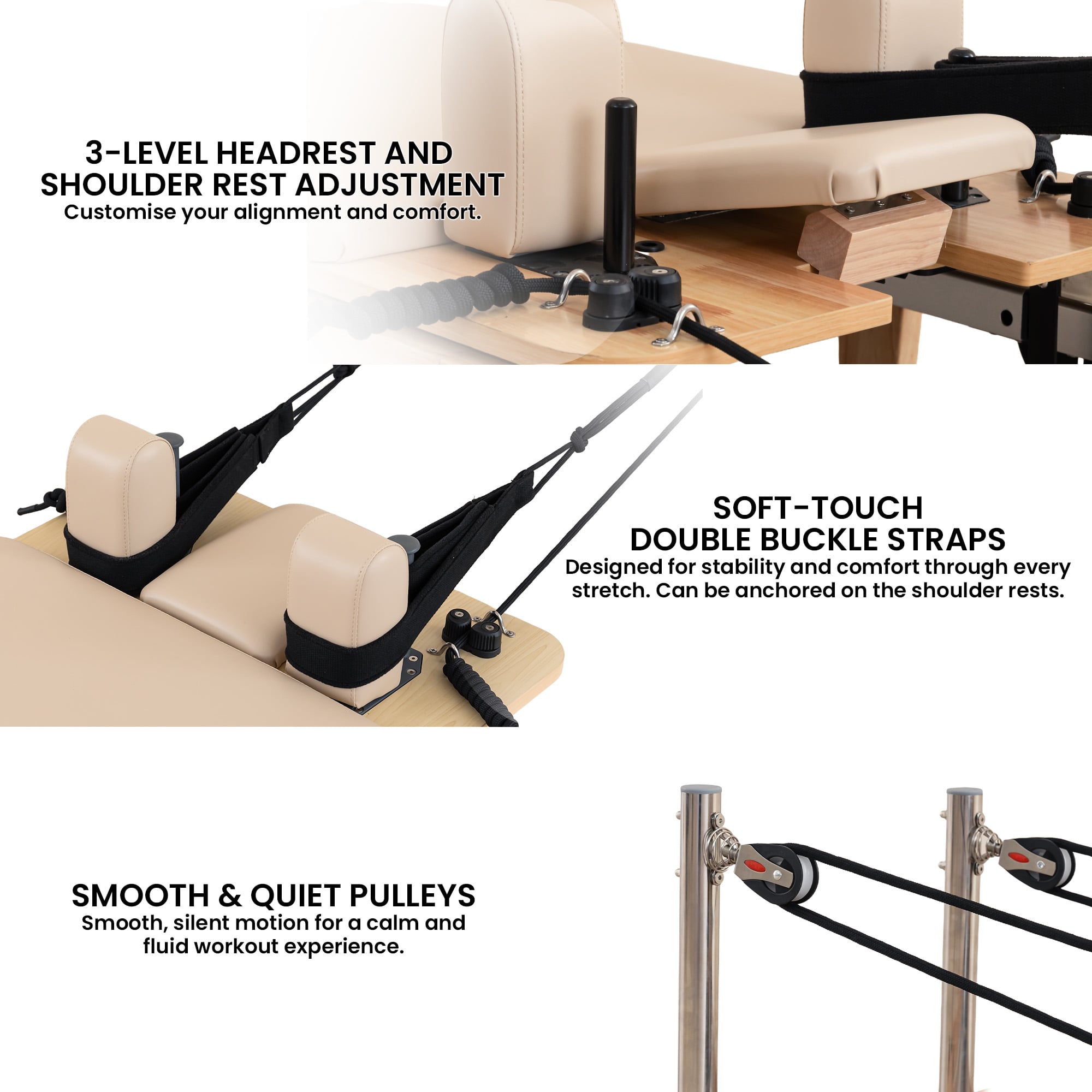 Yoga & Pilates: Powertrain Selina Pilates Reformer Machine Wooden Folding Multifunctional Home Gym Equipment with Jumpboard & Sitting Box Oak Beige