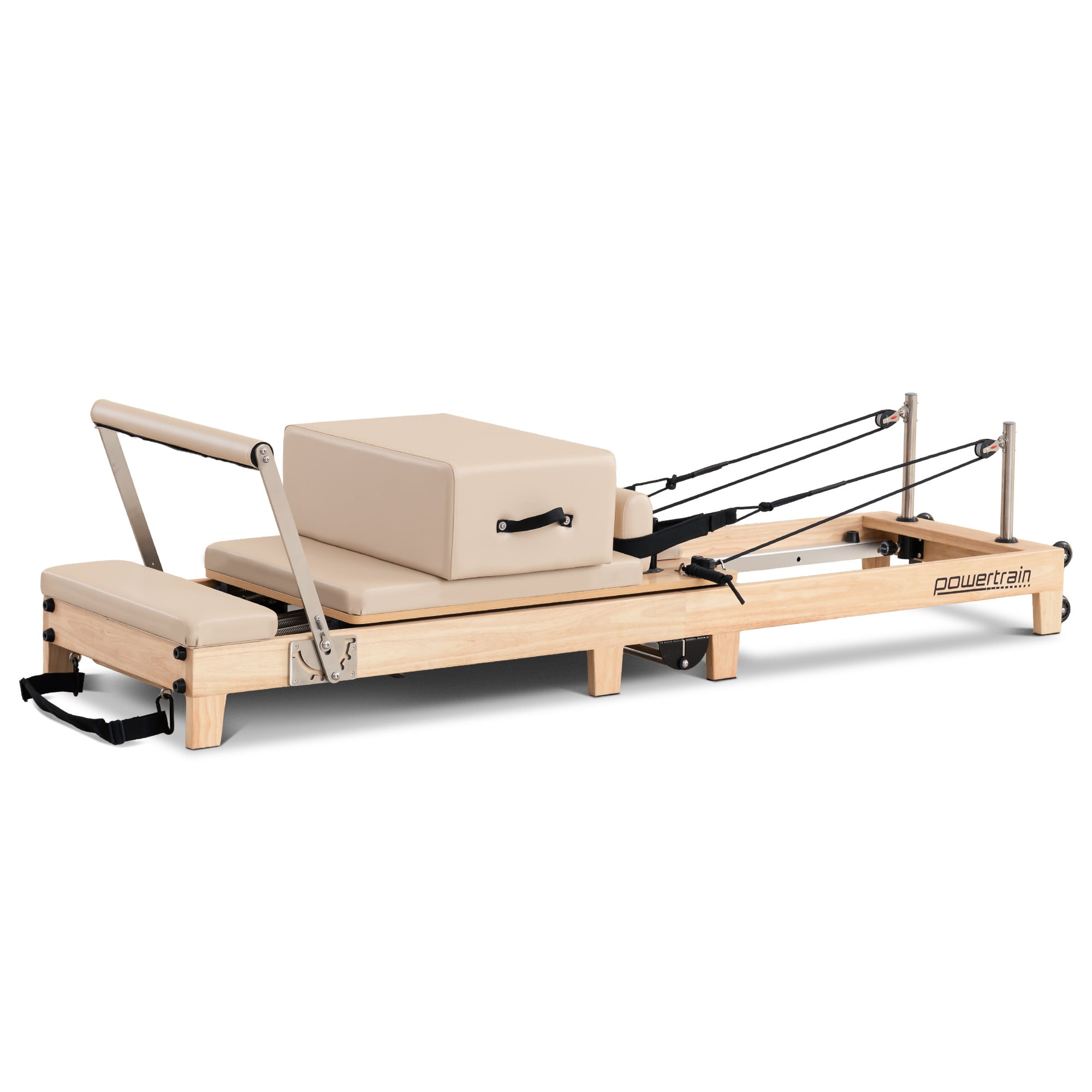 Yoga & Pilates: Powertrain Selina Pilates Reformer Machine Wooden Folding Multifunctional Home Gym Equipment with Jumpboard & Sitting Box Oak Beige