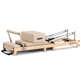 Yoga & Pilates: Powertrain Selina Pilates Reformer Machine Wooden Folding Multifunctional Home Gym Equipment with Jumpboard & Sitting Box Oak Beige