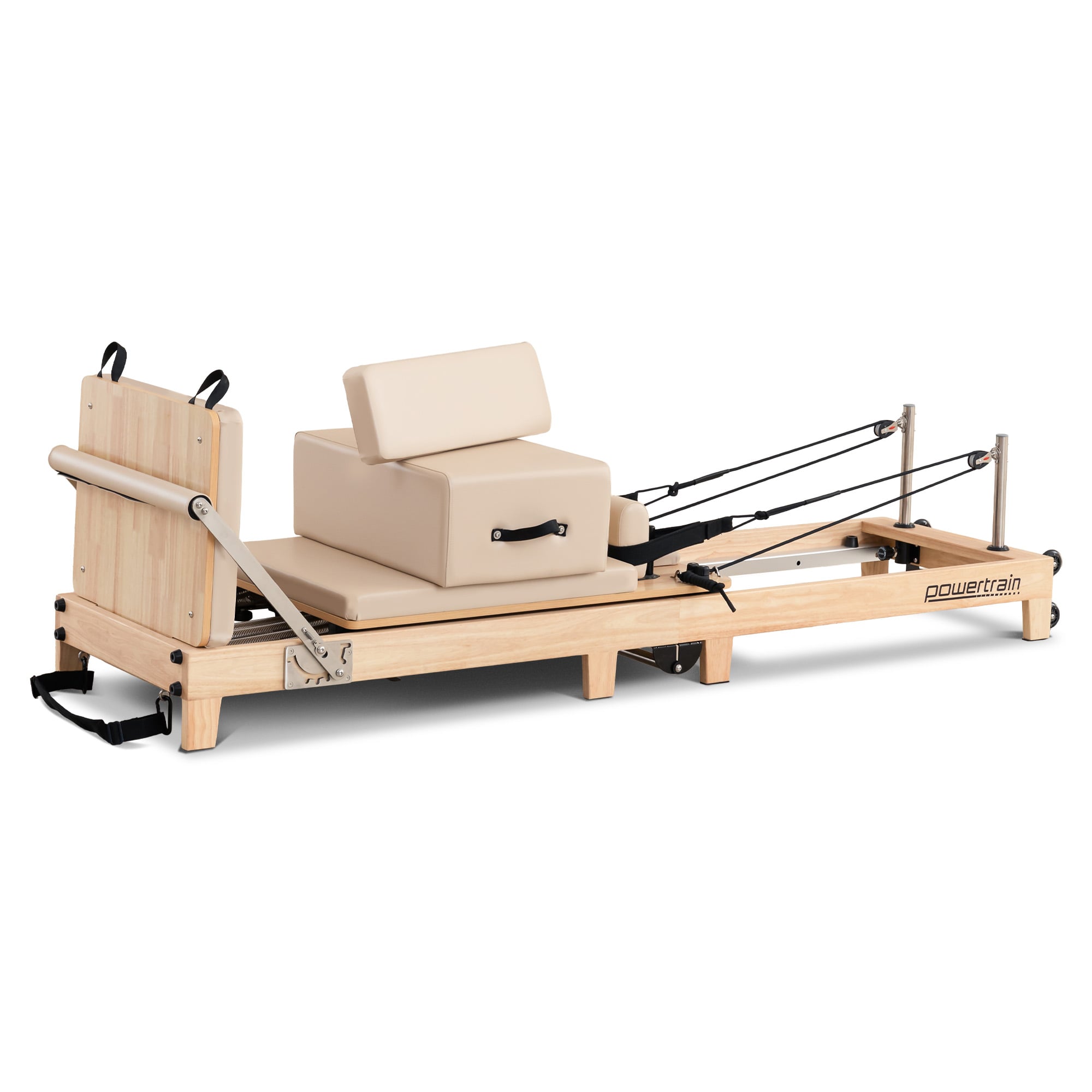 Yoga & Pilates: Powertrain Selina Pilates Reformer Machine Wooden Folding Multifunctional Home Gym Equipment with Jumpboard & Sitting Box Oak Beige