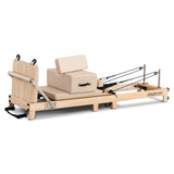 Yoga & Pilates: Powertrain Selina Pilates Reformer Machine Wooden Folding Multifunctional Home Gym Equipment with Jumpboard & Sitting Box Oak Beige
