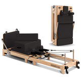 Yoga & Pilates: Powertrain Selina Pilates Reformer Machine Wooden Folding Multifunctional Home Gym Equipment with Jumpboard & Sitting Box Oak Black