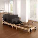 Yoga & Pilates: Powertrain Selina Pilates Reformer Machine Wooden Folding Multifunctional Home Gym Equipment with Jumpboard & Sitting Box Oak Black