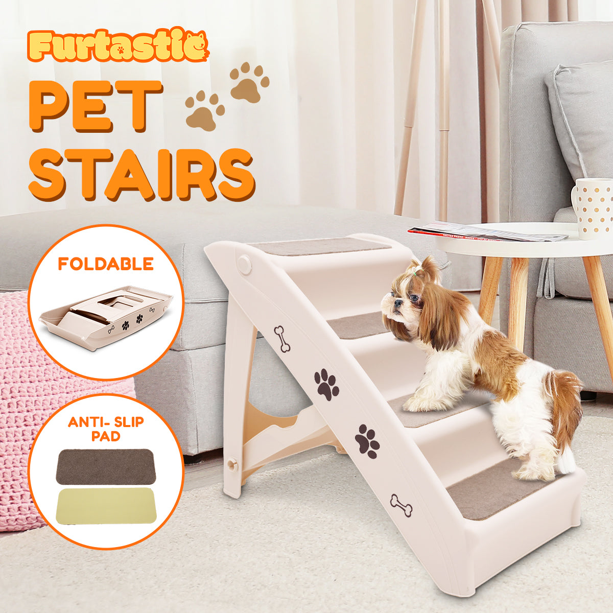 Dog Steps & Ramps: Furtastic Foldable Pet Stairs In White - 50cm Dog Ladder Cat Ramp