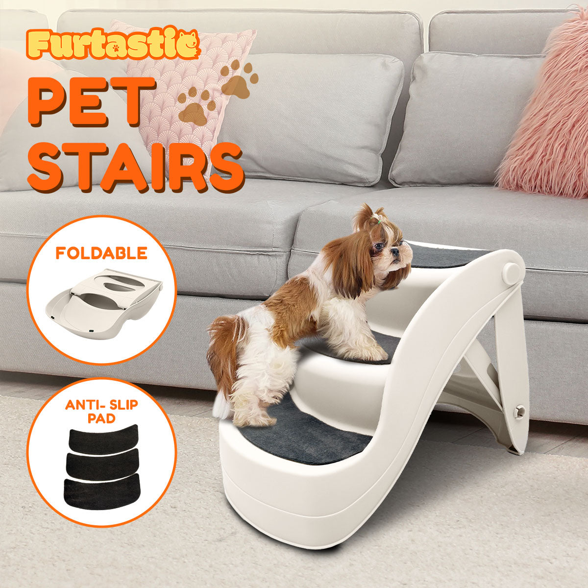Dog Steps & Ramps: Furtastic 38cm Foldable Pet Stairs Ramp - White