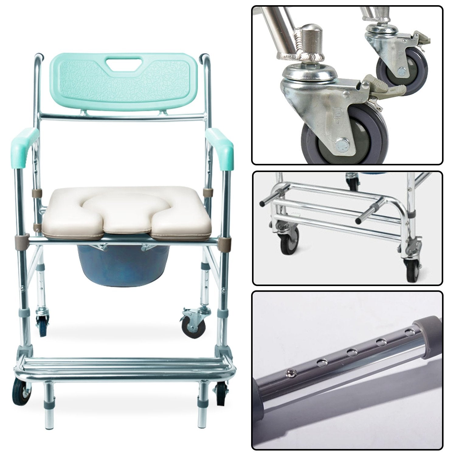Massage Chairs: Orthonica Commode Chair With Castors Aluminium Frame Footrest Soft Push Handles