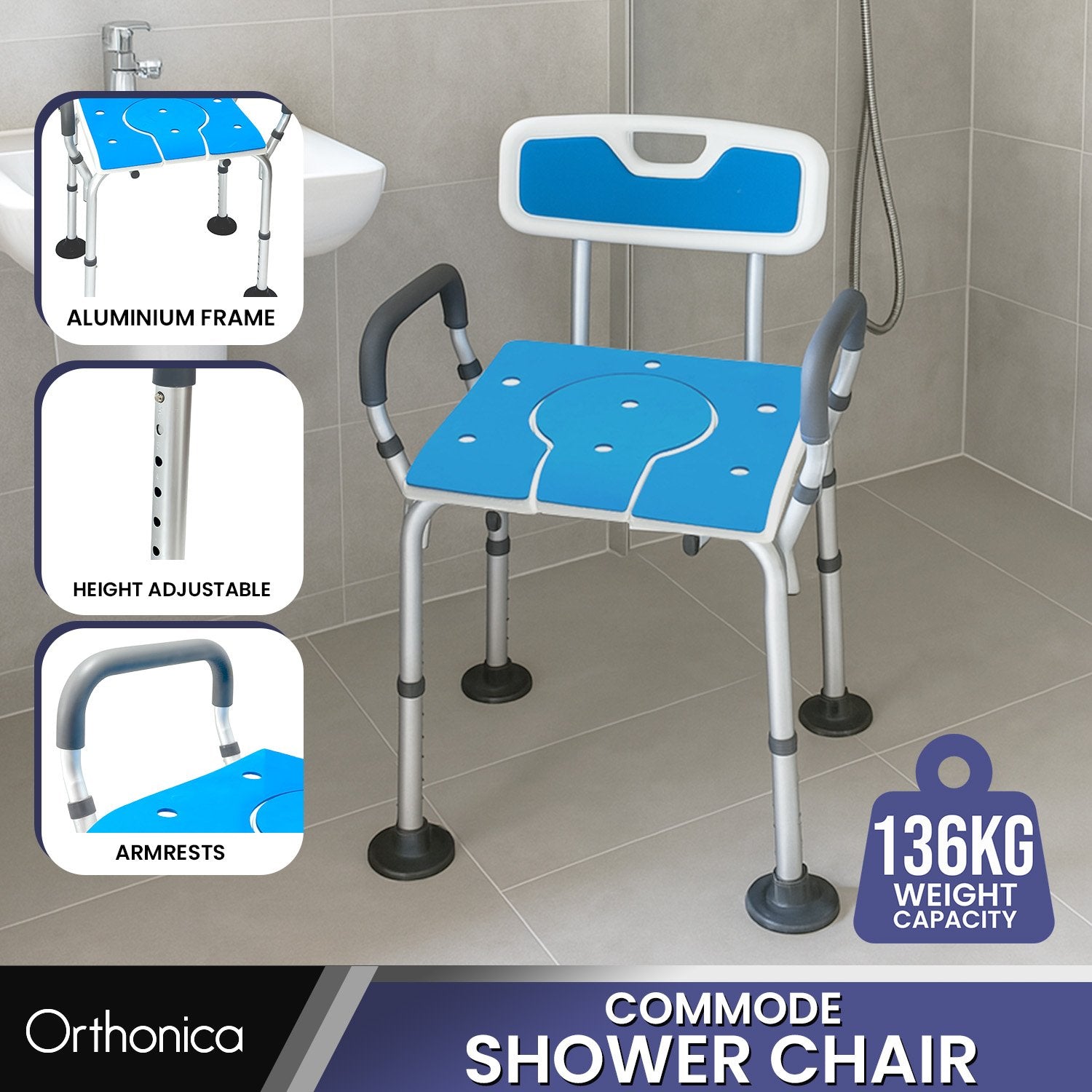 Table & Bar Stools: Orthonica Height-Adjustable Aluminium Commode Shower Chair with Armrests Backrest Armrests Soft Stool Seat Aid