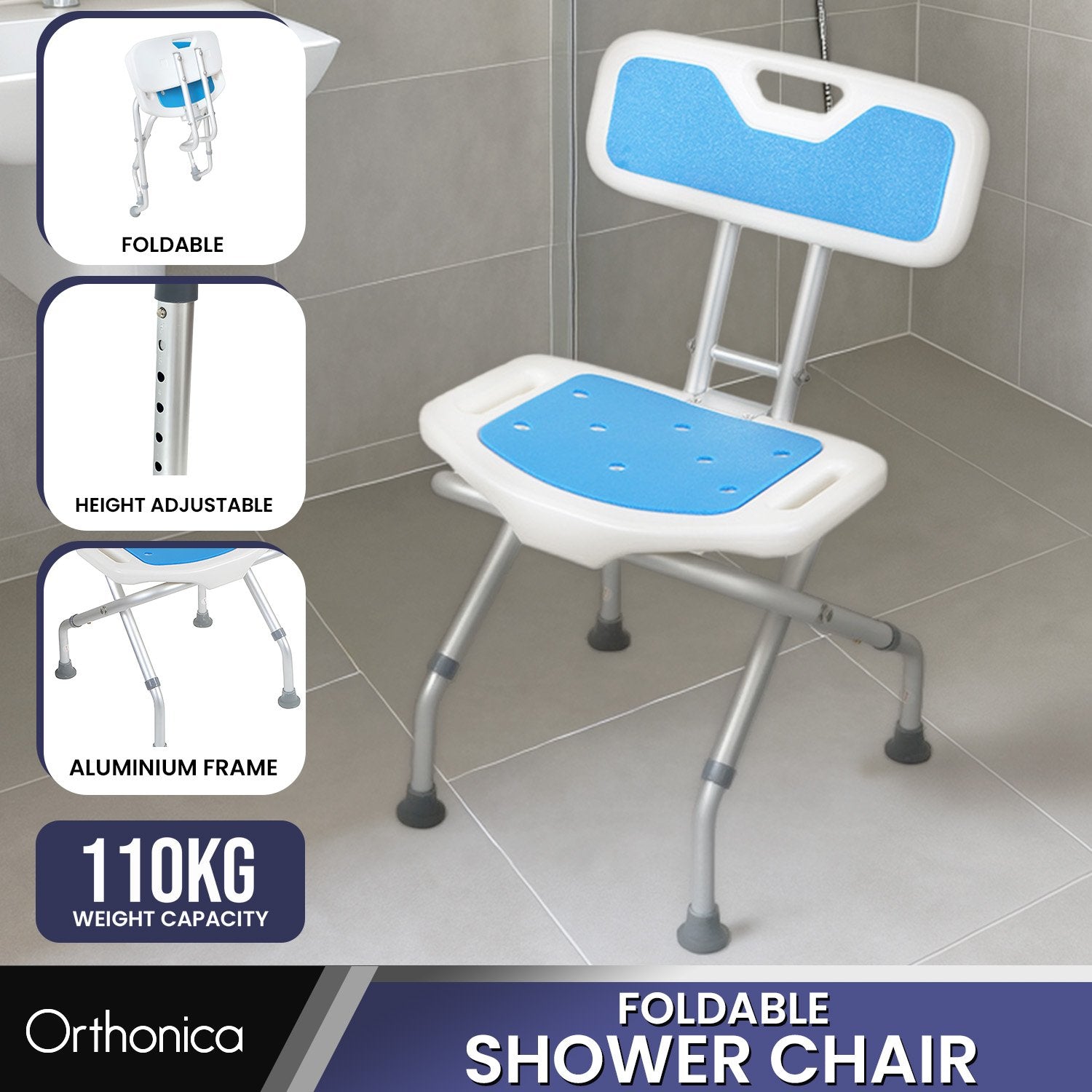 Bathroom Cabinets, Cupboards & Storage: Orthonica Compact & Foldable Commode Shower Chair w/Height Adjustable Aluminium Frame Non Slip Feet HDPE Seat & Backrest