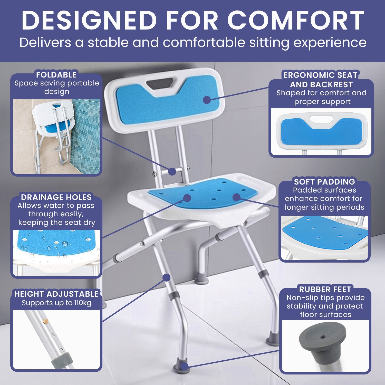 Bathroom Cabinets, Cupboards & Storage: Orthonica Compact & Foldable Commode Shower Chair w/Height Adjustable Aluminium Frame Non Slip Feet HDPE Seat & Backrest