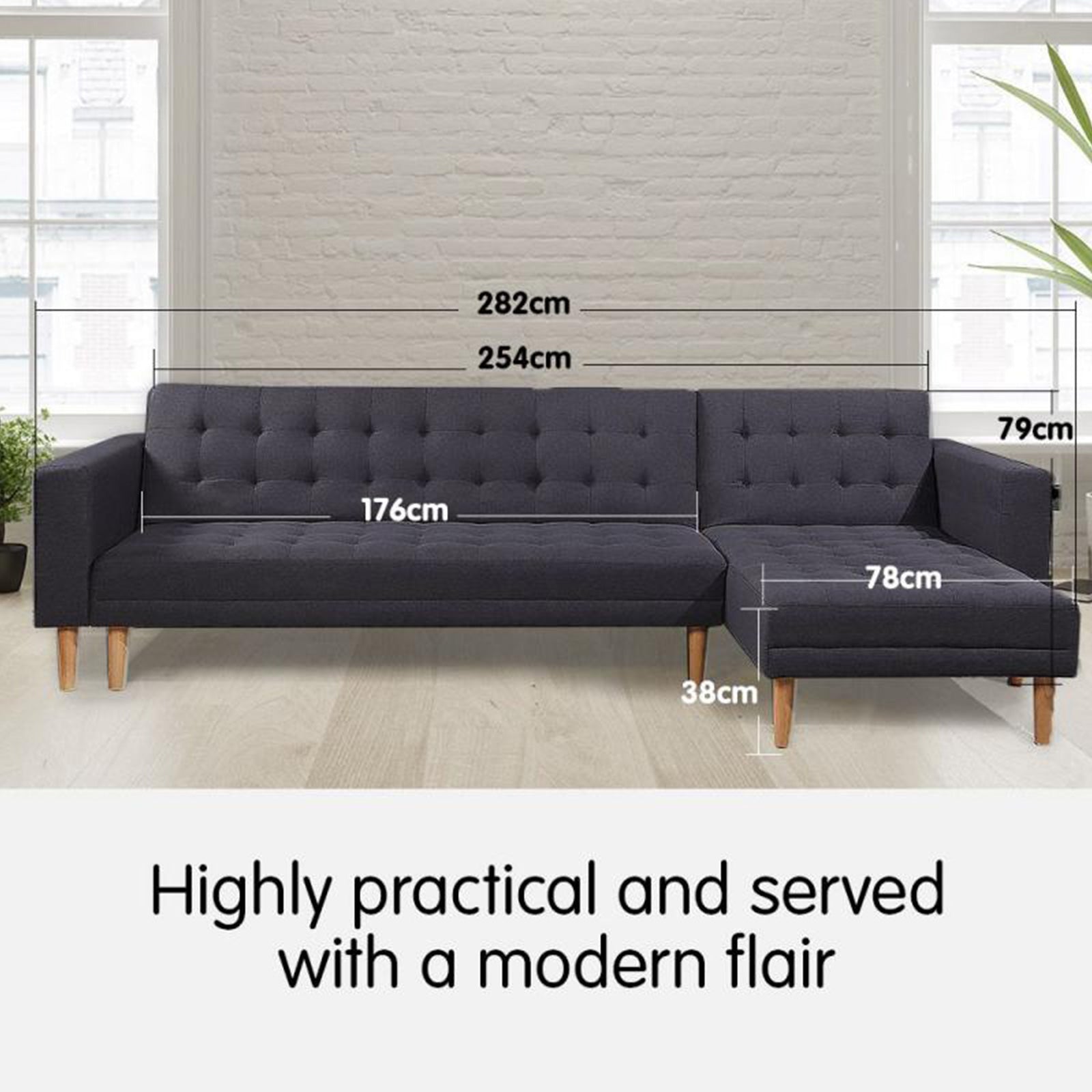 Arm Chairs & Recliners: Sarantino Linen Fabric Corner Sofa Bed Couch Lounge With Chaise Furniture - Dark Grey